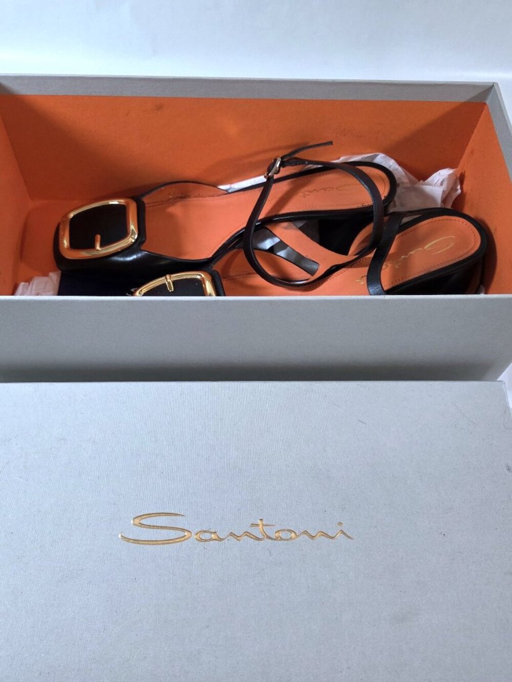 Santoni Black Gold Buckle Sandals Size 35